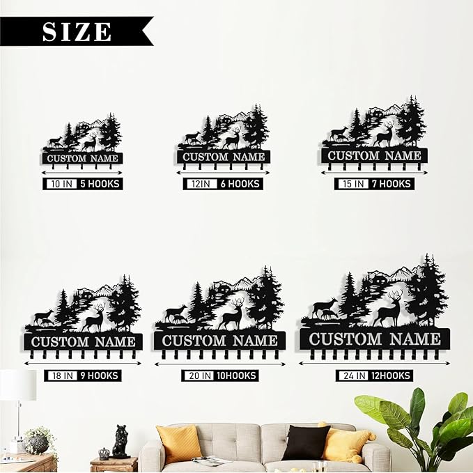 Personalized Deer Key Holder Wall Mount, Custom Metal Key Rack Key Holder with Name, Deer Cabin Wall Keys Hanger with Hooks for Entryway, Front Door, Hallway, Kitchen, Living Room