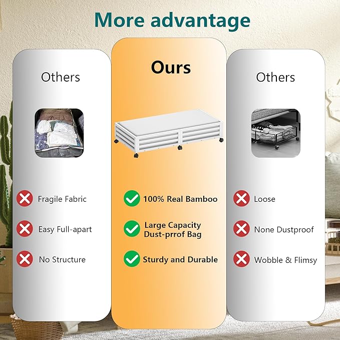 Bamboo Under Bed Storage Containers- Underbed Organizer with Wheels with Large Capacity Dust Bag,Sturdy Wood Rolling Under Bed Shoe Storage Organizer 2 Packs (White, 2 Packs (33.07"×16.54"))