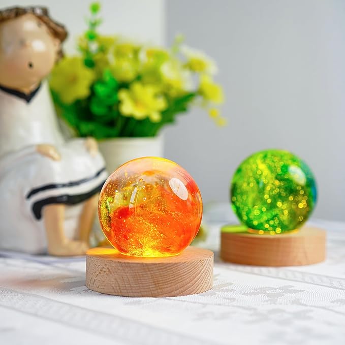 ZEERSHEE 2Pcs Led Wood Display Stand for 3D Crystal Glass 2.7in Resin Art Light Wooden Lamp Base for Crystals LED Round Display Pedestal