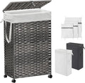 70L Slim Laundry Hamper with Lid & Wheels, Rolling Laundry Basket with 2 Removable Liner Bags & 3 Mesh Bags, Narrow Dirty Clothes Basket, Foldable Handwoven Rattan Laundry Sorter, Grey
