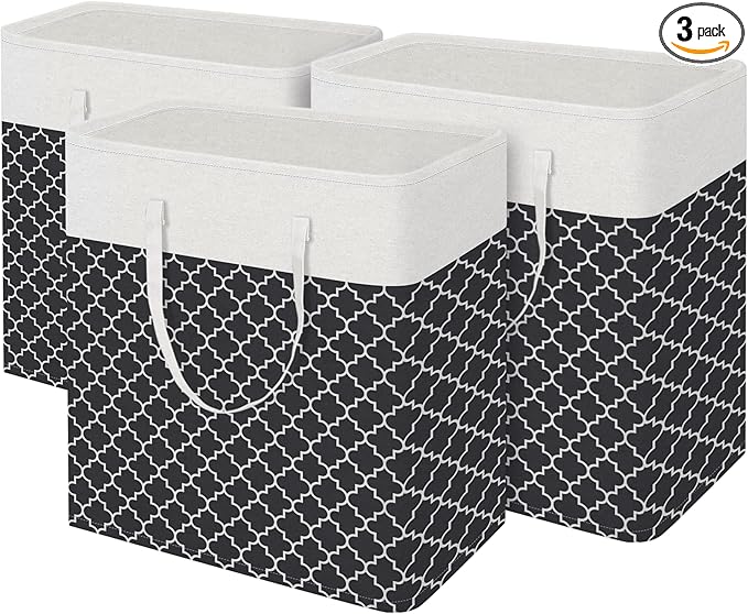 BlissTotes 3-Pack Laundry Basket, Freestanding＆Waterproof Laundry Hamper, Collapsible Tall Clothes Hamper with Easy Carry Handles for Clothes, Towels in the Family and Dorm,Clover Black,100L