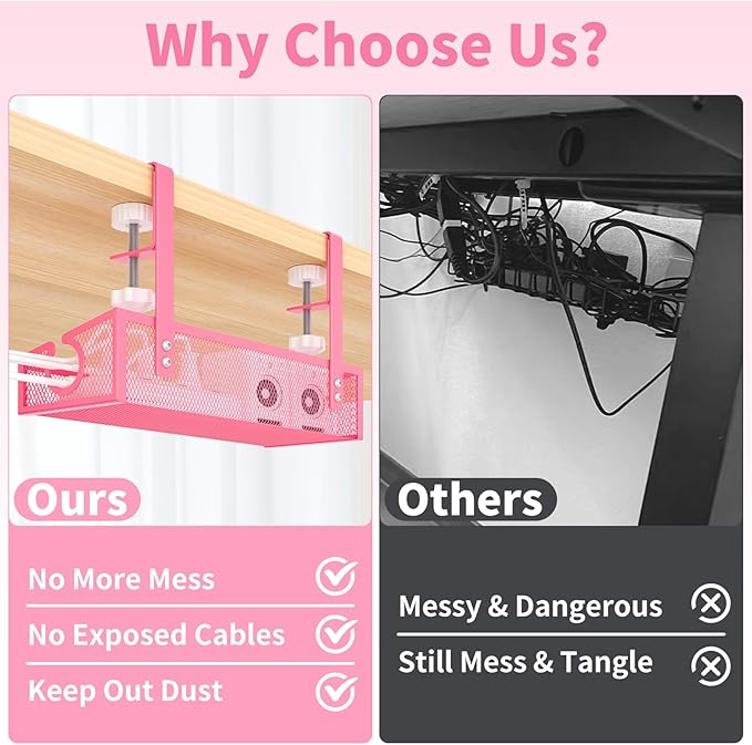 Under Desk Cable Management Tray Black, No Drill Desk Cable Wire Management Organizer with Clamp, PC Cord Organizer Accessories & Workspace for Office, Home（Pink）