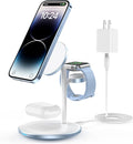 XooFly 3 in 1 Wireless Charging Station for Apple Devices, Fast Wireless Mag-Safe Charger Stand with 20W Adapter for iPhone 17/16 15 14 13 12 Pro Max/Pro/Plus/Air/Mini, iWatch, AirPods (Light Blue)