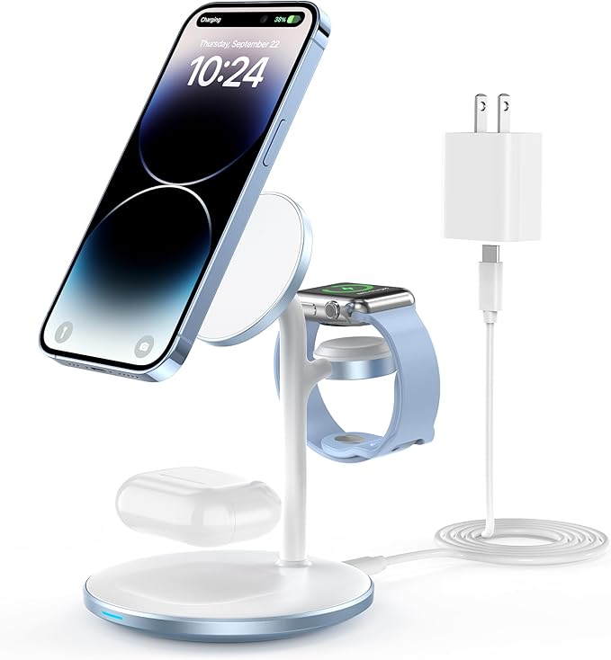 XooFly 3 in 1 Wireless Charging Station for Apple Devices, Fast Wireless Mag-Safe Charger Stand with 20W Adapter for iPhone 17/16 15 14 13 12 Pro Max/Pro/Plus/Air/Mini, iWatch, AirPods (Light Blue)