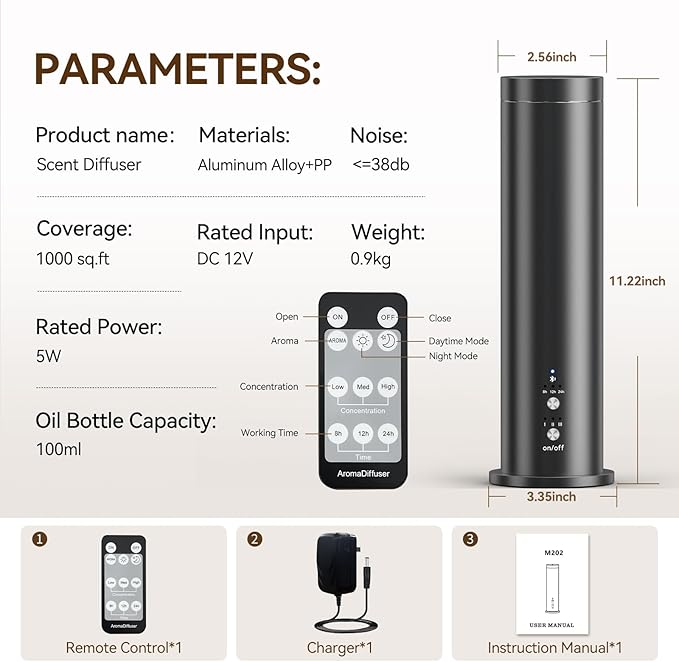 Waterless Essential Oil Diffuser Cold Air Scent Diffuser - 600 sq.ft Large Room Coverage,Wired/Remote/App Control,Black for Home Office Hotel, Fragrance Not Included