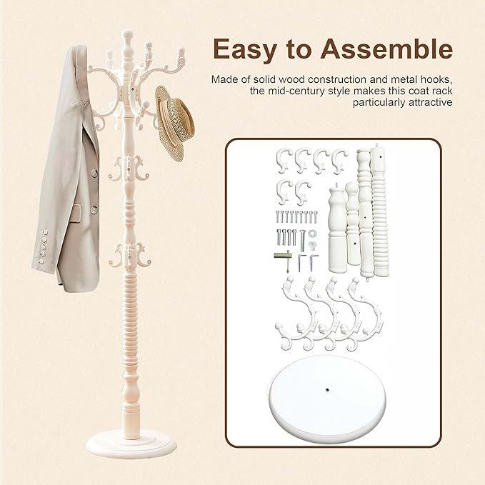Wooden Coat Rack Freestanding, Vintage Solid Coat Hanger Stand 14 Hooks, Coat Tree Adjustable Height 73", Round Base, Coat Racks free standing (White)