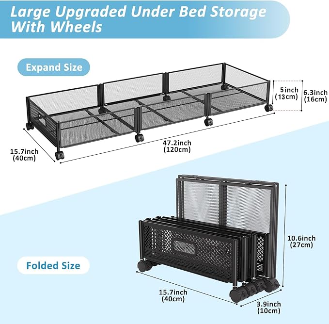 Under Bed Storage with Wheels 47.2"(L)/57.6L Large Rolling Under Bed Storage, Metal Underbed Containers on Wheels, Tool-Free Assembly Foldable Metal Underbed Drawers for Shoes Clothes Toys