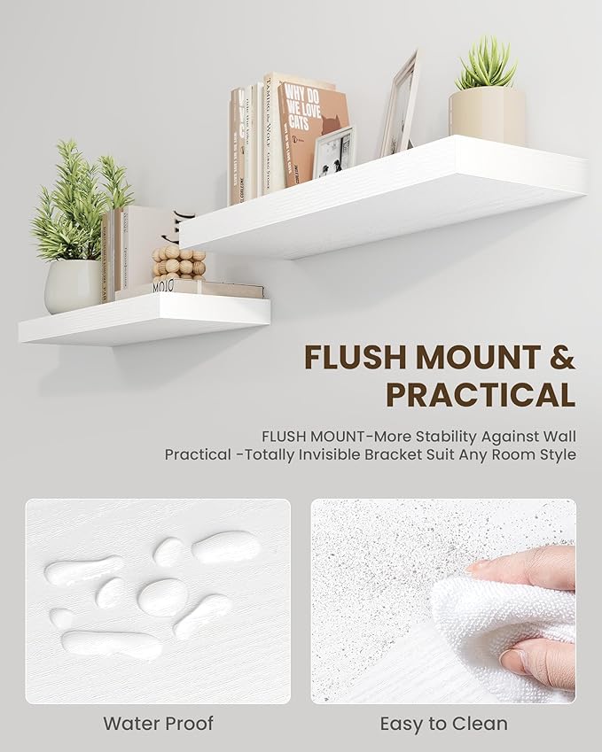 Marsmiles 40" Floating Shelves for Wall, Wooden Shelves with Invisible Brackets Set of 2, Rustic Farmhouse Wall Mounted Shelf for Kitchen Bathroom Living Room Study, White