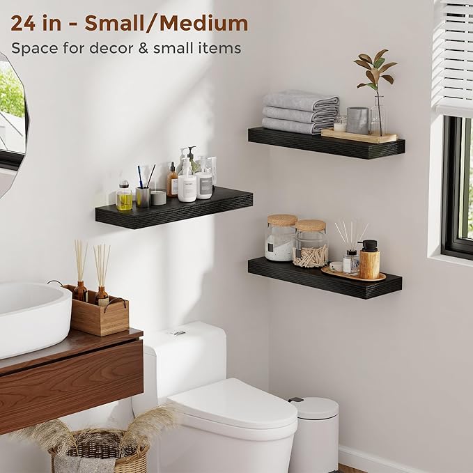 Heimlove 36 Inch Floating Shelves for Wall 8 Inch Deep Black Shelves Set of 2,Wall Mounted Rustic Wood Long Floating Shelf with Invisible Brackets for Bedroom Kitchen Living Room