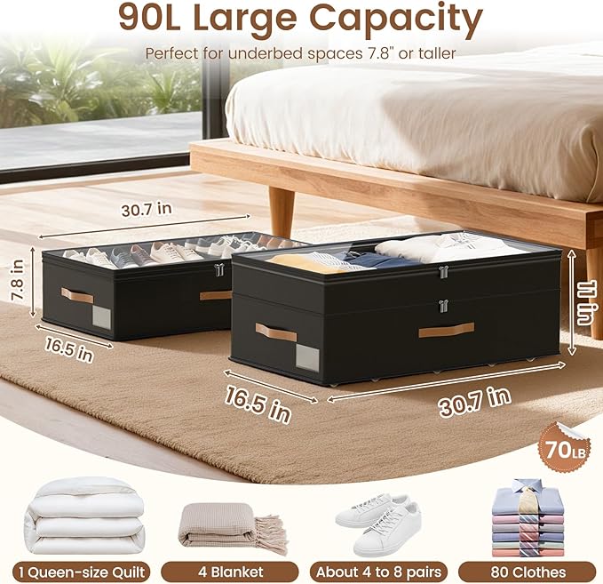 Under Bed Storage with Wheels, 2-Pack Underbed Storage Containers, No Assemble 11 inches 90L XXL Large Adjustable Storage Bins with Clear Lids, Rolling Storage for Clothes, Shoes, Blankets, Black