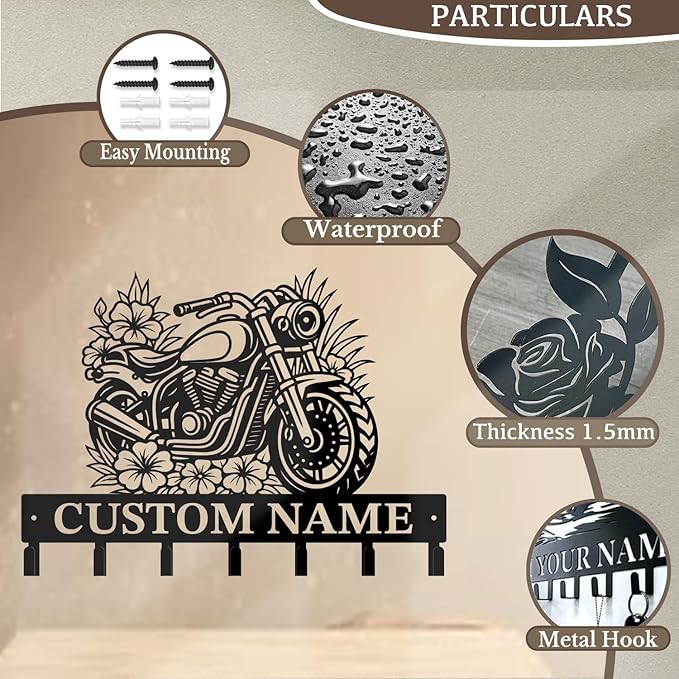 Custom Motorcycle Garage Metal Wall Hooks,Key Holder-Personalized Iron Wall Decor for Keys, Coats & Home (Black, Handmade,Decorative,Entryway, Bedroom,Man Cave) (Style C)