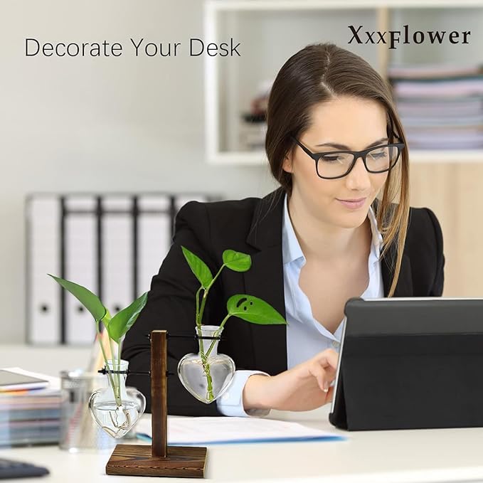 XXXFLOWER Plant Terrarium Wooden Stand, Hydroponic Planter Bulb Glass Metal Swivel Holder Retro Air Plants Water Plants for Home Office Decoration,Gifts for Plant Lover Wife Mom- 2 Love Bulb Vase