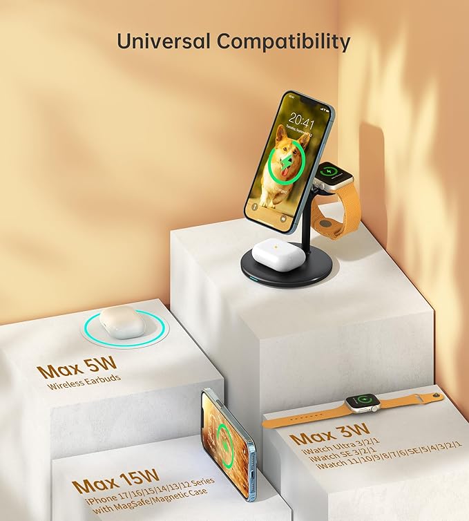 XooFly 3 in 1 Wireless Charging Station for Apple Devices, Fast Wireless Mag-Safe Charger Stand with 20W Adapter for iPhone 17/16 15 14 13 12 Pro Max/Pro/Plus/Air/Mini, iWatch, AirPods (Black)