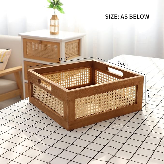 YAHUAN Woven Wooden Storage Crate Box, Decorative Rustic Bamboo Basket With Built-In Handles for Kitchen Pantry, Cabinet, Office, Bedroom, Country Decor (Brown)