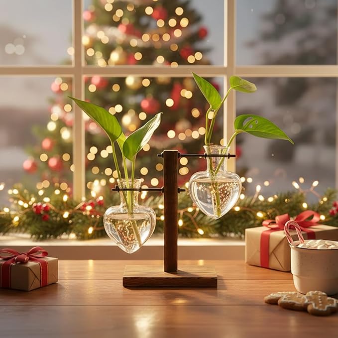 XXXFLOWER Plant Terrarium Wooden Stand, Hydroponic Planter Bulb Glass Metal Swivel Holder Retro Air Plants Water Plants for Home Office Decoration,Gifts for Plant Lover Wife Mom- 2 Love Bulb Vase