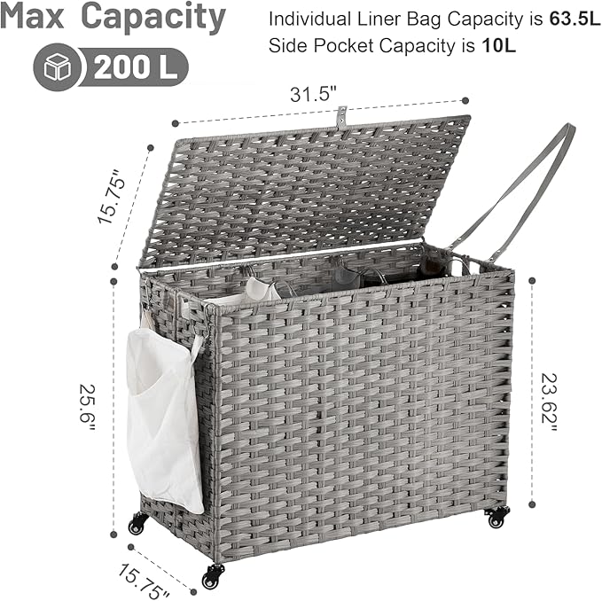 Laundry Hamper with Wheels, 52.8 Gallon(200L) Rolling Laundry Basket with Lid, Removable Large 3 Color Liners & 3 Mesh Laundry Bags, Clothes Hamper with Side Pocket, Grey