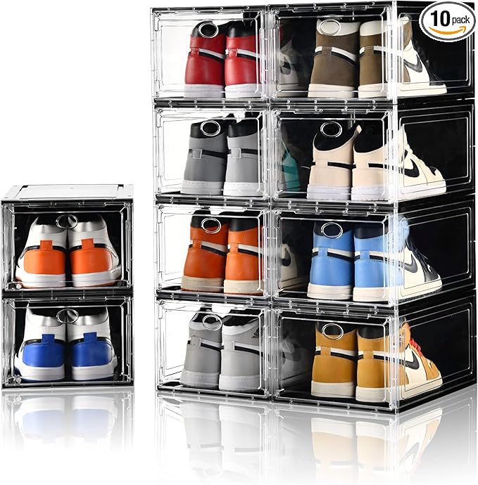 10 Pack Shoe Boxes Stackable,Upgraded Sturdy Storage Boxes with Clear Magnetic Door,Multifunctional Sneaker Organizer Fit up to US Size 12 (13.8”x 9.84”x 7.1”)