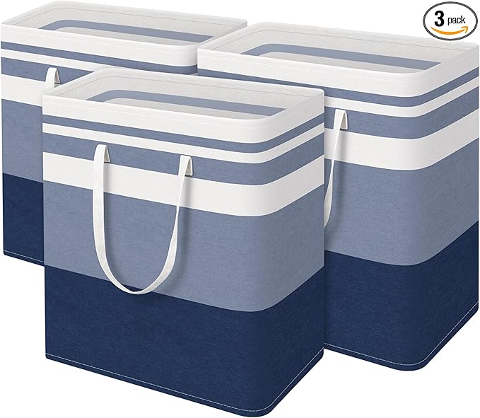 BlissTotes 3-Pack Laundry Basket, Freestanding＆Waterproof Laundry Hamper, Collapsible Tall Clothes Hamper with Easy Carry Handles for Clothes, Towels in the Family and Dorm,Gradient Blue,125L
