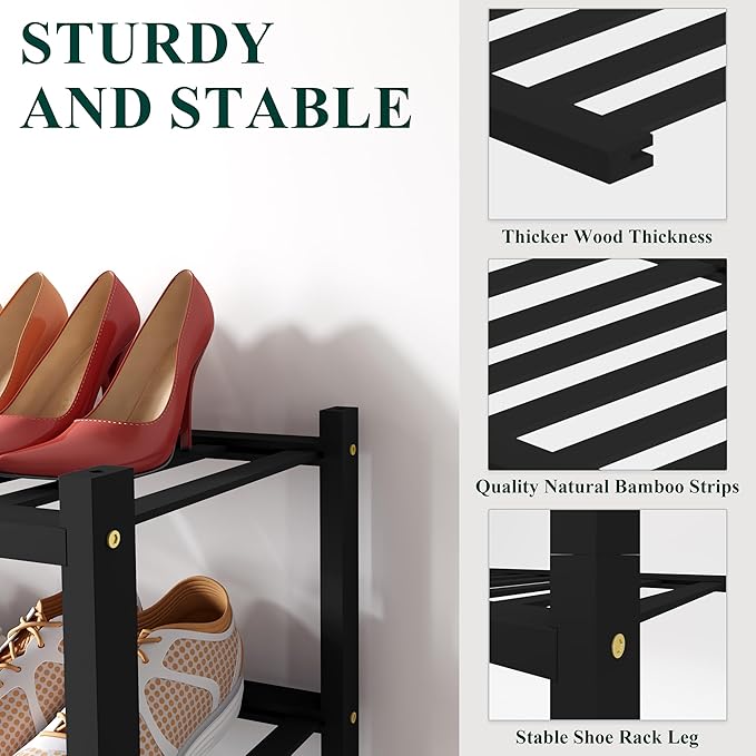 Smiry Bamboo Shoe Rack for Closet, 6 Tier Small Wooden Stackable Shoe Organizer, Free Standing Shoes Storage Shelf for Entryway, Front Door Entrance, Black