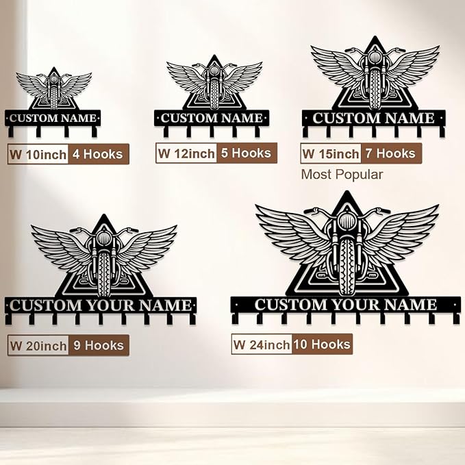 Custom Motorcycle Garage Metal Wall Hooks,Key Holder-Personalized Iron Wall Decor for Keys, Coats & Home (Black, Handmade,Decorative,Entryway, Bedroom,Man Cave) (Style B)