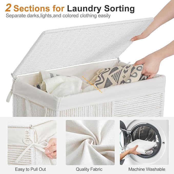 WOWLIVE Double Laundry Hamper with Lid, Handwoven Rolling Laundry Basket with Wheels, 115L Dirty Clothes Hamper with Removable Liner Bag Large Capacity Laundry Sorter Laundry Room Organization,White
