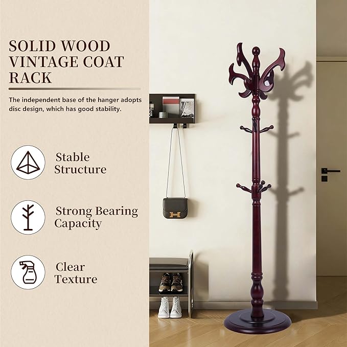 Wooden Coat Rack Freestanding, Creative Antler Hooks, Coat Hanger Stand 14 Hooks, Coat Tree Adjustable Height 73", Round Base, Coat Racks free standing for Entryway Hallway, Porch, Bedroom