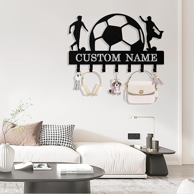 Personalized Football Key Holder Wall Mount, Custom Metal Key Rack Key Holder with Name, Deer Cabin Wall Keys Hanger with Hooks for Entryway, Front Door, Hallway, Kitchen, Living Room