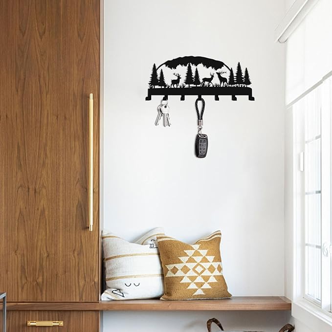 Metal Key Holder, Wall Mounted Key Hooks, Key Holder for Wall, Key Organizer Rack with 7 Hooks, Key Hanger Decor for Kitchen, Entryway, Hallway, Bedroom, Doorway (Deer Grove12IN)