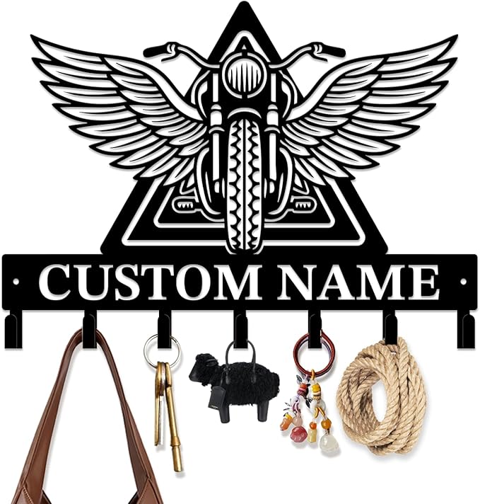 Custom Motorcycle Garage Metal Wall Hooks,Key Holder-Personalized Iron Wall Decor for Keys, Coats & Home (Black, Handmade,Decorative,Entryway, Bedroom,Man Cave) (Style B)