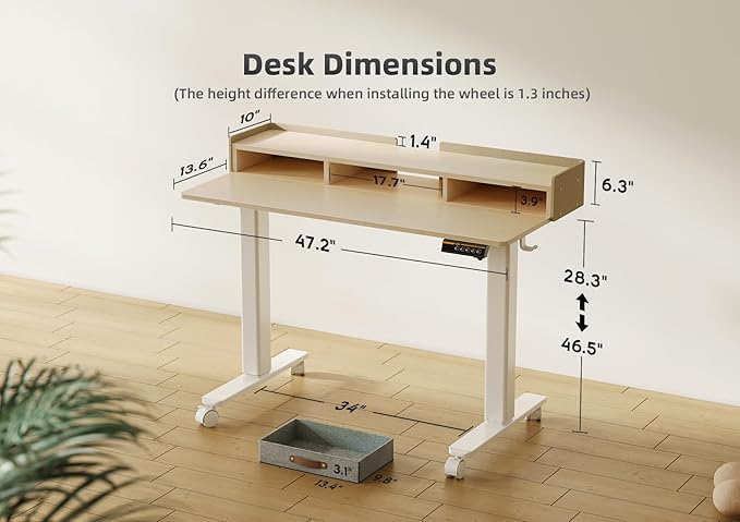 YDN Standing Desk with Drawers, 48 Inch Standing Desk Adjustable Height, Adjustable Electric Stand Up with Storage and Shelf, Natural