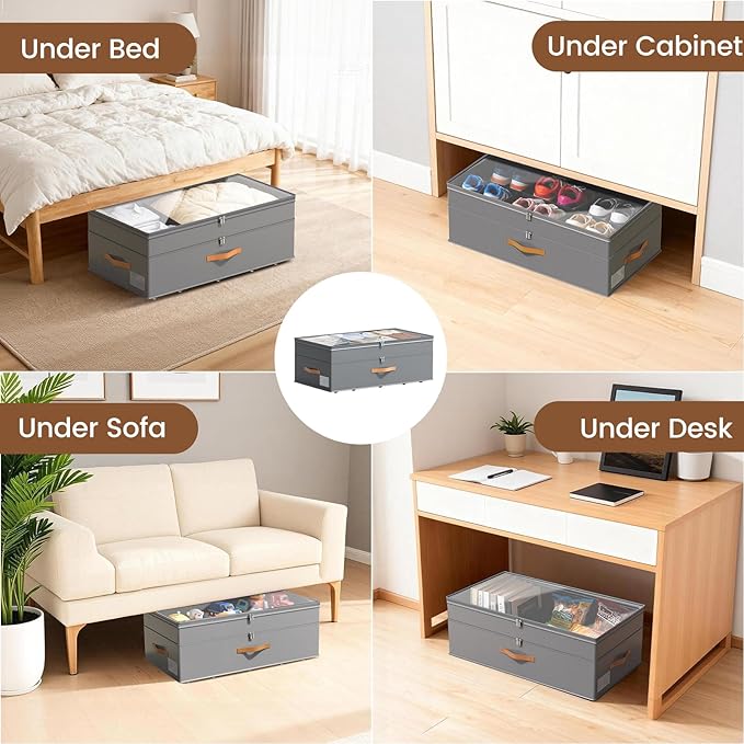 Under Bed Storage with Wheels, 2-Pack Underbed Storage Containers, No Assemble 11 inches 90L XXL Large Adjustable Storage Bins with Clear Lids, Rolling Storage for Clothes, Shoes, Blankets, Gray