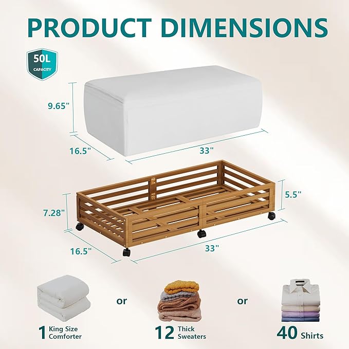 Wisuce Bamboo Under Bed Storage Containers- Underbed Organizer with Wheels with Large Dust Bag,Sturdy Wood Rolling Under the Bed Shoe Storage Organizer Drawer 2 Packs (Walnut, Long)