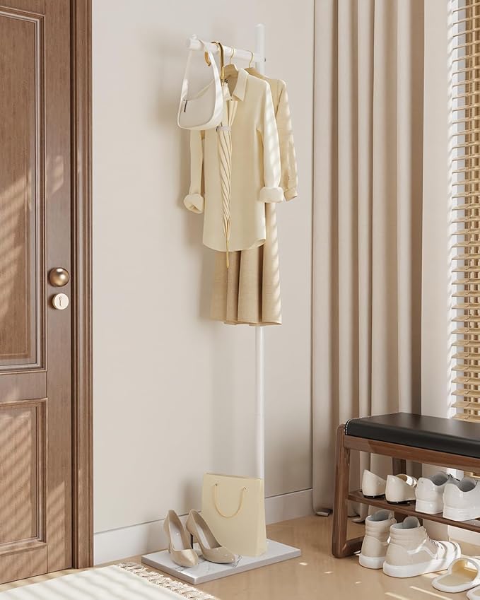 Yawinhe Metal Coat Rack, Coat Tree with Rock Base,L Shaped Freestanding Hall Tree, Clothes Hanger Stand Suitable for Bedroom, Hallway, Entrance,68.5 Inches High,White,USMJ101W