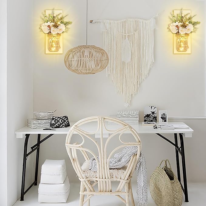 Rustic Wall Sconces Mason Jar Sconces Handmade Wall Art Hanging Design with Remote Control LED Fairy Lights and White Peony, Christmas Decor Gifts Farmhouse Home Decor Living Room Lights Set of Two