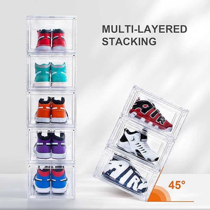 10 Pack Large Shoe Boxes Clear Stackable, Space Saving Acrylic Shoe Boxes Shoe Organizers Foldable Shoe Container Boxes that Fits Up to Size 14 Shoes