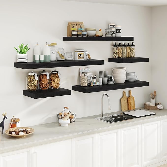 Heimlove Black Bathroom 12'' Deep Floating Shelves for Wall - Shelf Over Toilet Wall Mounted Farmhouse 24 inches,Rustic Wood Shelves Decor & Storage,Set of 1