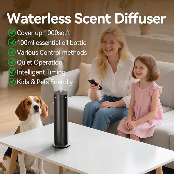 Waterless Essential Oil Diffuser Cold Air Scent Diffuser - 600 sq.ft Large Room Coverage,Wired/Remote/App Control,Black for Home Office Hotel, Fragrance Not Included