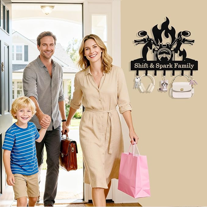 Personalized Flaming Motoclycle Key Holder Wall Mount, Custom Metal Key Rack Key Holder with name, Deer Cabin Wall Keys Hanger with Hooks for Entryway, Front Door, Hallway, Kitchen, Living Room