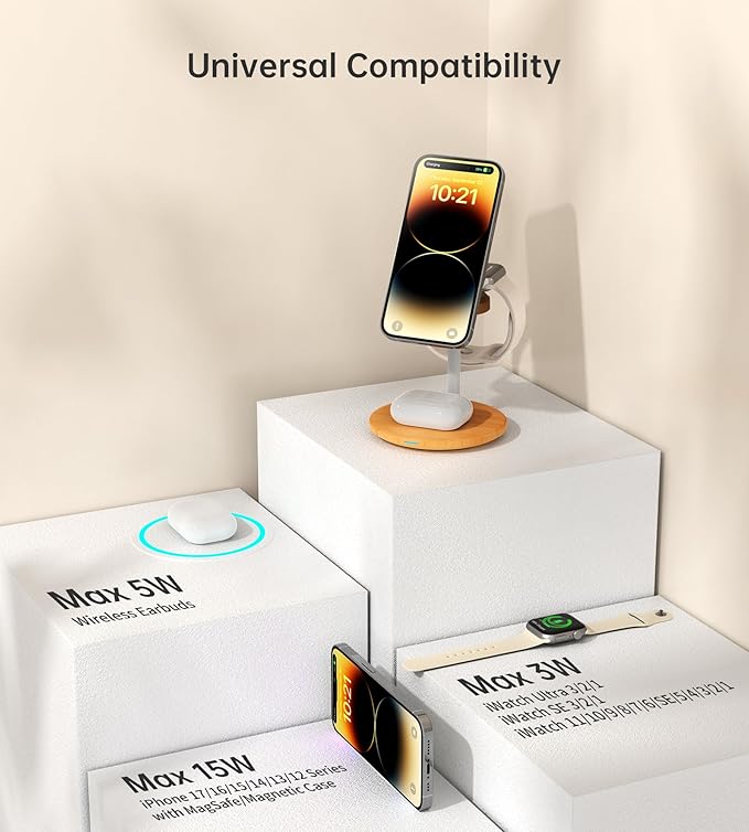 XooFly 3 in 1 Wireless Charging Station for Apple Devices,Fast Wireless Mag-Safe Charger Stand with 20W Adapter for iPhone 17 16 15 14 13 12 Pro Max/Pro/Plus/Air/Mini,iWatch,AirPods,Yellow Woodgrain