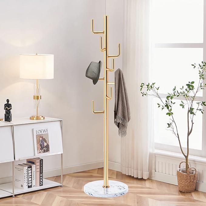 ZOZOE Metal Modern Coat Racks, Cactus Coat Rack Freestanding with Natural Marble Base, Golden Coat Rack Stand with 8 Hooks, Coat Tree Hanger Stand for Bags, Hats, Entryway, Office