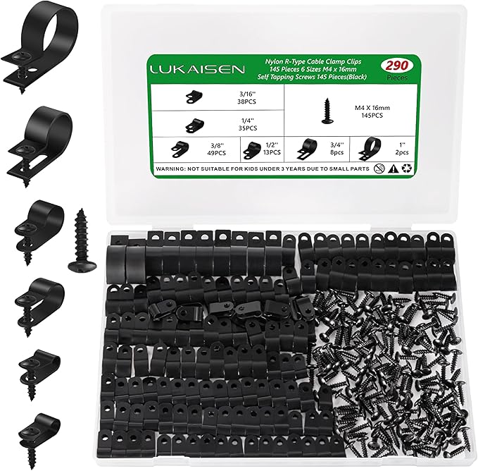 Cable Clips for Cable Management Cord Organizer, 6 Sizes 290 PCS Nylon R-Type, 3/16'' 1/4'' 3/8'' 1/2'' 3/4'' 1'' Black Plastic Screw Mounting Cord Fastener Clamp Assortment Kit with M4 Screws