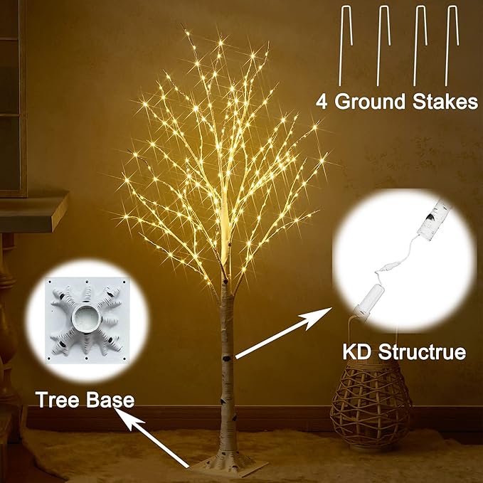 BAOLITVINE Birch Tree with Lights 4FT 200 Fairy Lights, Lighted Trees for Home Fireplace Room Party Thanksgiving Christmas Decoration Inside Outdoor