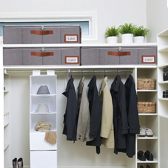 Yawinhe Under Bed Storage Containers, 4 Pack, Bin with Lids, Collapsible Closet Organizers, with Sorting Card Slot and 4 Leather Handles, for Blanket, Bedding, 31.5''Lx15.7''Wx6''H, Grey