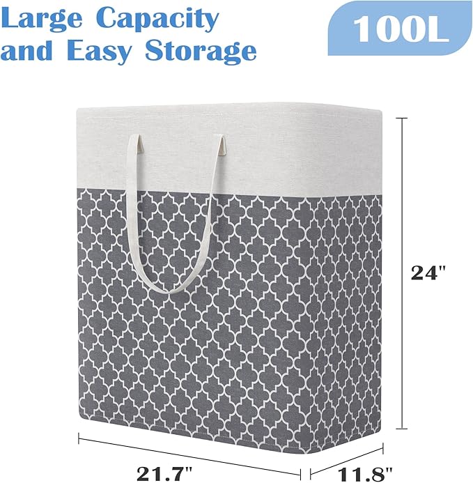 BlissTotes 3-Pack Laundry Basket, Freestanding＆Waterproof Laundry Hamper, Collapsible Tall Clothes Hamper with Easy Carry Handles for Clothes, Towels in the Family and Dorm,Clover Grey,100L