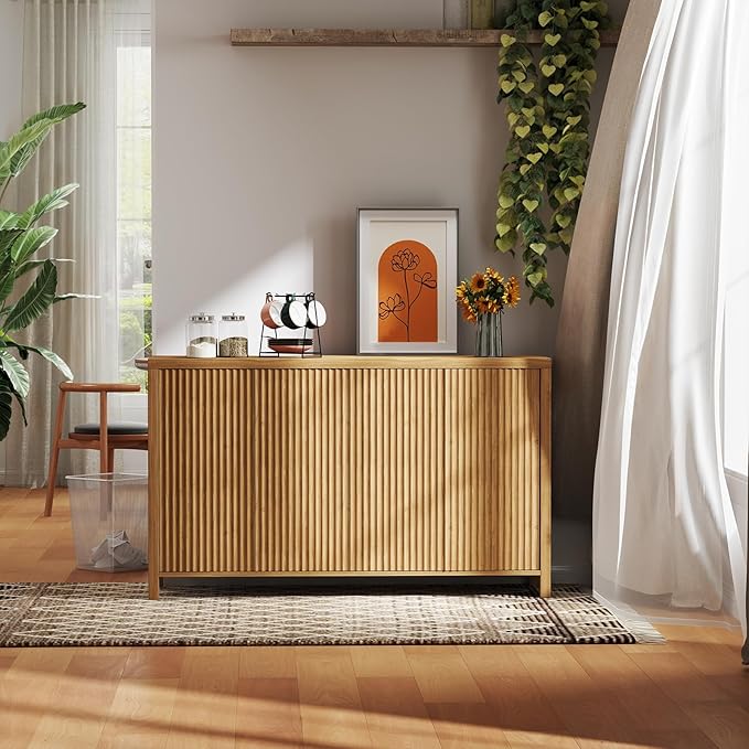 YOUDENOVA Fluted Buffet Cabinet with Storage Set of 2, Modern Sideboard Cabinets with 4 Doors & Adjustable Shelves, Accent Credenza Storage Cabinet, Wood Entryway Cabinet for Living Room, Natural