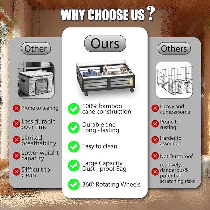 Under Bed Storage Containers with Wheels, Larger Bamboo Wood Under Furniture Storage Containers with Dust Bags，Rolling for Shoes Clothes