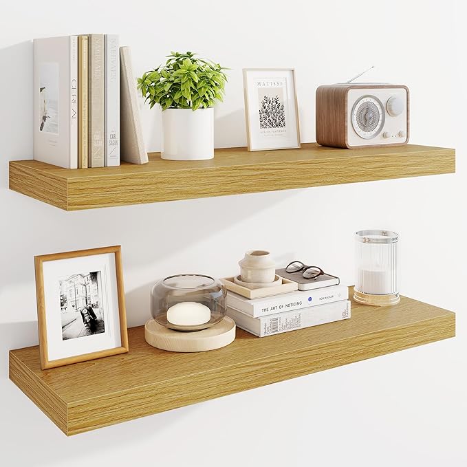 Marsmiles 30" Floating Shelves for Wall, Wooden Shelves with Invisible Brackets Set of 2, Rustic Farmhouse Wall Mounted Shelf for Kitchen Bathroom Living Room Study, Natural Oak