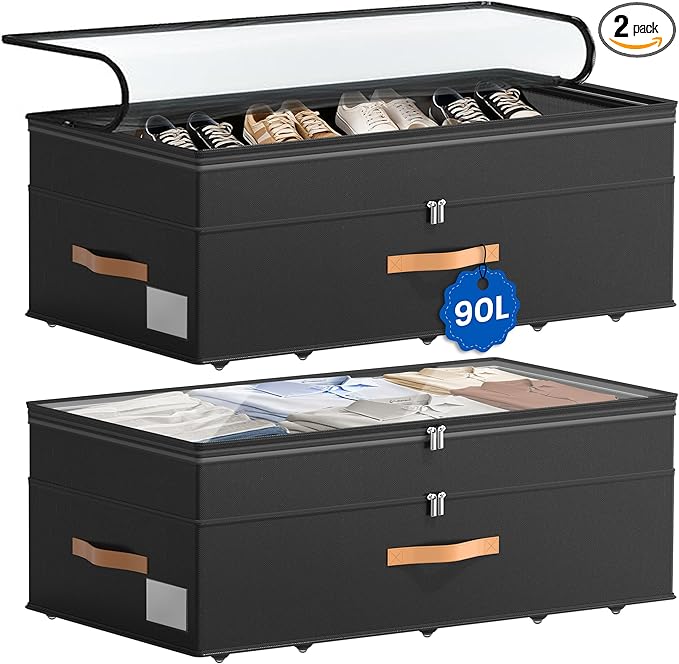 Under Bed Storage with Wheels, 2-Pack Underbed Storage Containers, No Assemble 11 inches 90L XXL Large Adjustable Storage Bins with Clear Lids, Rolling Storage for Clothes, Shoes, Blankets, Black
