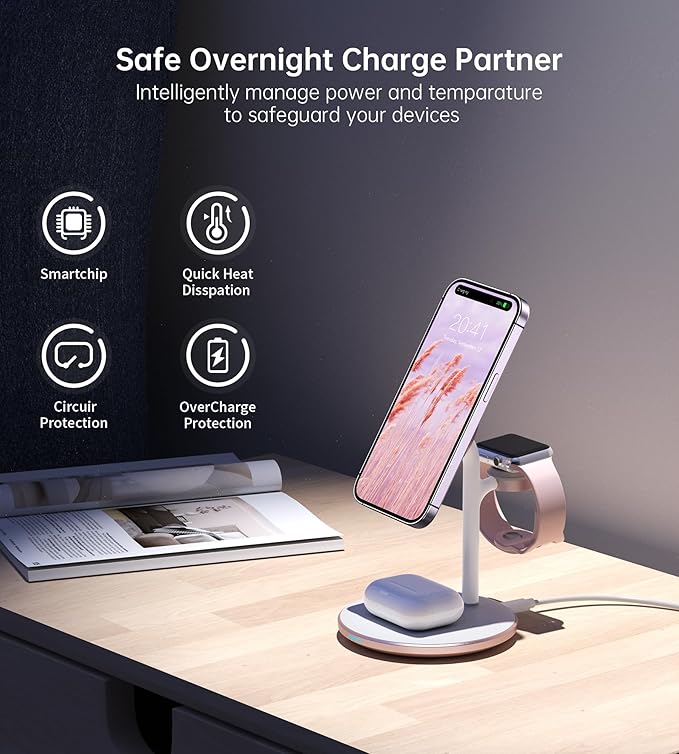 XooFly 3 in 1 Wireless Charging Station for Apple Devices, Fast Wireless Mag-Safe Charger Stand with 20W Adapter for iPhone 17/16 15 14 13 12 Pro Max/Pro/Plus/Air/Mini, iWatch, AirPods (Pink)