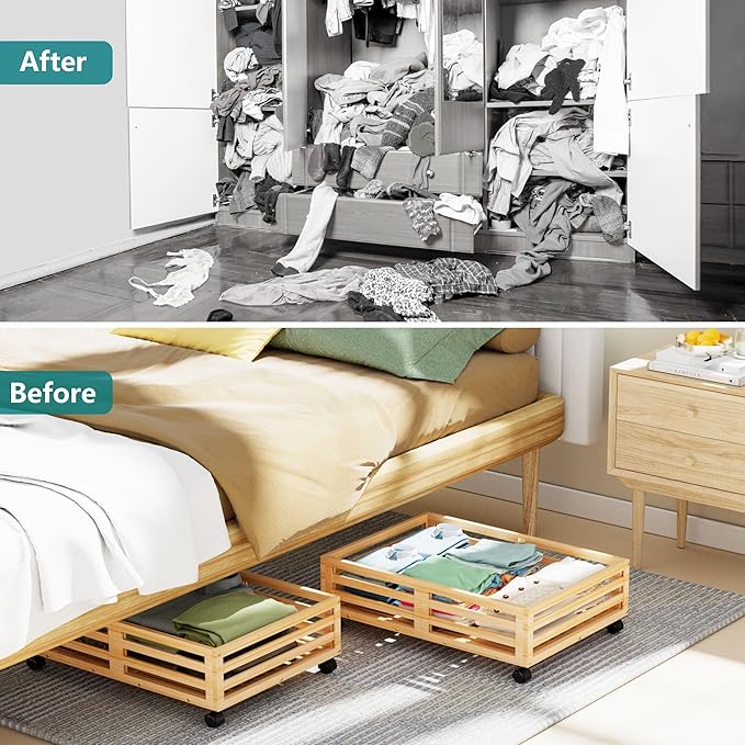 Wisuce Bamboo Under Bed Storage Containers- Underbed Organizer with Wheels with Large Dust Bag,Sturdy Wood Rolling Under the Bed Shoe Storage Organizer Drawer 2 Packs (Nature, Small)